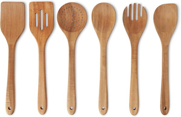 Utensili da Cucina in Legno, Set di 6 Pezzi, Legno di Acacia, Pre-Trattati con Olio, Sicuri per l’Uso con le Pentole