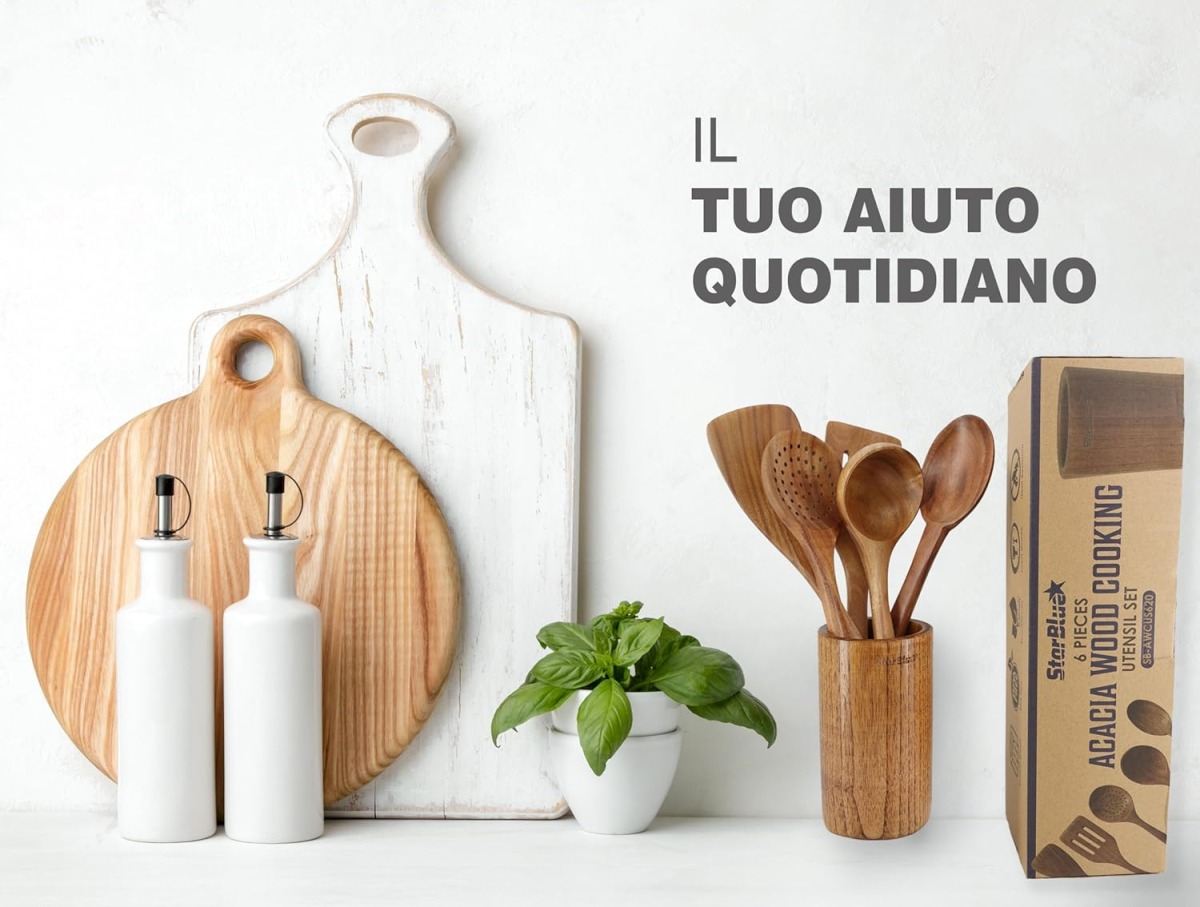 StarBlue - Set Di Utensili Da Cucina In Legno Di Acacia Da 6 Pezzi; Resistenti Spatole Antigraffio Per Pentole Antiaderenti; Set Di Spatole Ecologiche Ed Ergonomiche Con Apposito Contenitore In Legno - Asset